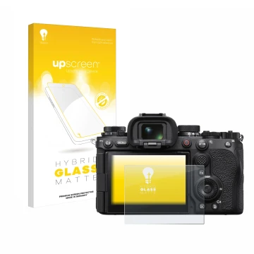 Parte frontale di una confezione del prodotto con il logo del marchio upscreen. Accanto è raffigurato il dispositivo Sony Alph