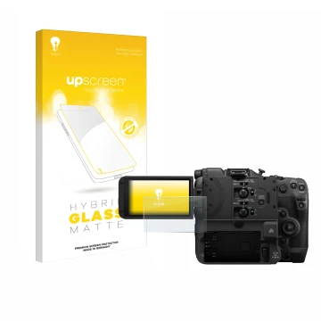 Parte frontale di una confezione del prodotto con il logo del marchio upscreen. Accanto è raffigurato il dispositivo Canon EOS