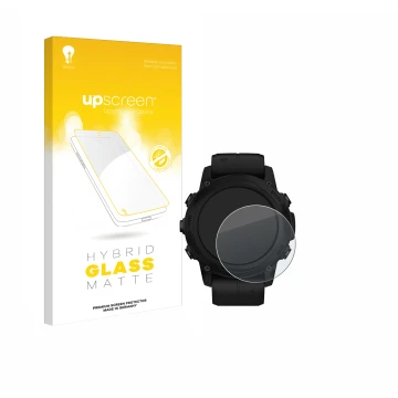 Parte frontale di una confezione del prodotto con il logo del marchio upscreen. Accanto è raffigurato il dispositivo Garmin De