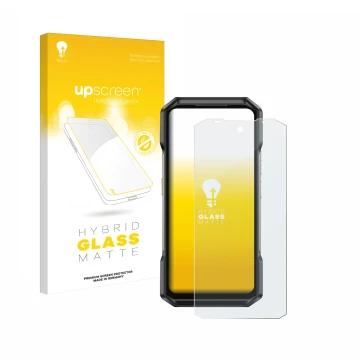 Parte frontale di una confezione del prodotto con il logo del marchio upscreen. Accanto è raffigurato il dispositivo Ulefone A