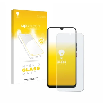 Parte frontale di una confezione del prodotto con il logo del marchio upscreen. Accanto è raffigurato il dispositivo Volla Pho