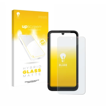 Parte frontale di una confezione del prodotto con il logo del marchio upscreen. Accanto è raffigurato il dispositivo Volla Pho