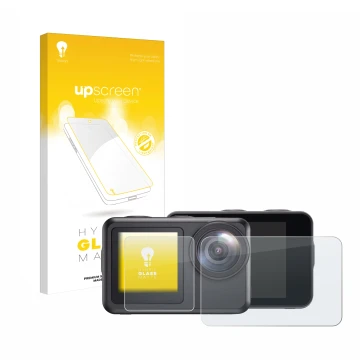 Parte frontale di una confezione del prodotto con il logo del marchio upscreen. Accanto è raffigurato il dispositivo Akaso Bra