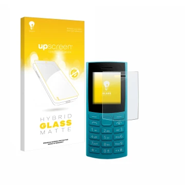 Parte frontale di una confezione del prodotto con il logo del marchio upscreen. Accanto è raffigurato il dispositivo Nokia 105