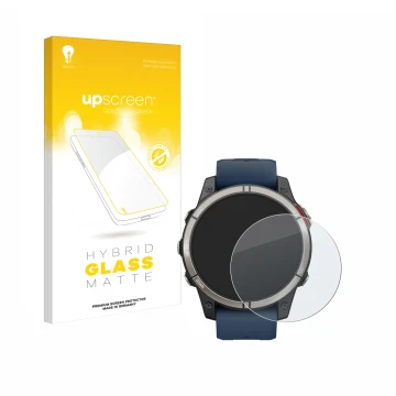 Parte frontale di una confezione del prodotto con il logo del marchio upscreen. Accanto è raffigurato il dispositivo Garmin qu