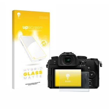 Parte frontale di una confezione del prodotto con il logo del marchio upscreen. Accanto è raffigurato il dispositivo Panasonic