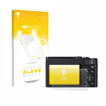 Parte frontale di una confezione del prodotto con il logo del marchio upscreen. Accanto è raffigurato il dispositivo Panasonic