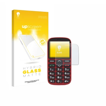 Parte frontale di una confezione del prodotto con il logo del marchio upscreen. Accanto è raffigurato il dispositivo Doro 1360