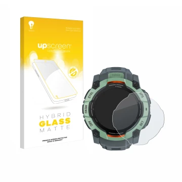 Parte frontale di una confezione del prodotto con il logo del marchio upscreen. Accanto è raffigurato il dispositivo Garmin In