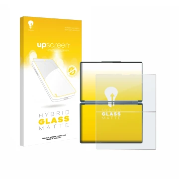 Parte frontale di una confezione del prodotto con il logo del marchio upscreen. Accanto è raffigurato il dispositivo Lenovo Yo