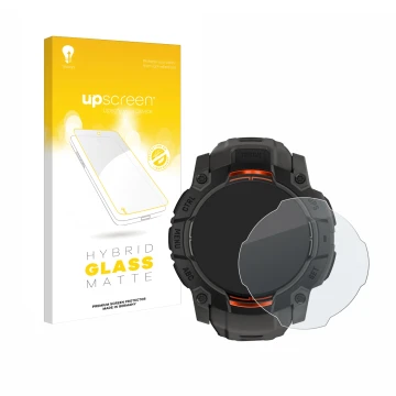 Parte frontale di una confezione del prodotto con il logo del marchio upscreen. Accanto è raffigurato il dispositivo Garmin In