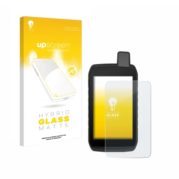 Parte frontale di una confezione del prodotto con il logo del marchio upscreen. Accanto è raffigurato il dispositivo Garmin Mo