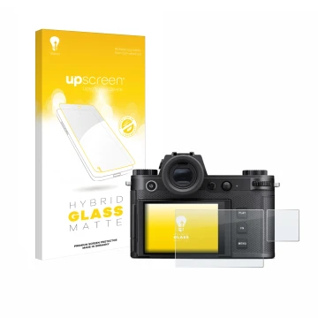 Parte frontale di una confezione del prodotto con il logo del marchio upscreen. Accanto è raffigurato il dispositivo Leica SL3