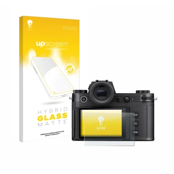 Parte frontale di una confezione del prodotto con il logo del marchio upscreen. Accanto è raffigurato il dispositivo Leica SL3