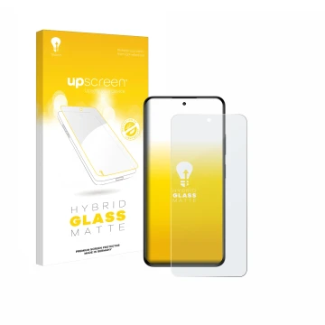 Parte frontale di una confezione del prodotto con il logo del marchio upscreen. Accanto è raffigurato il dispositivo myPhone N