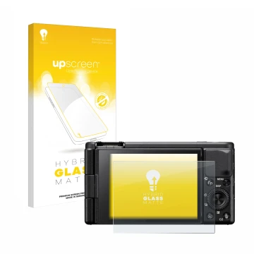 Parte frontale di una confezione del prodotto con il logo del marchio upscreen. Accanto è raffigurato il dispositivo Sony ZV-1