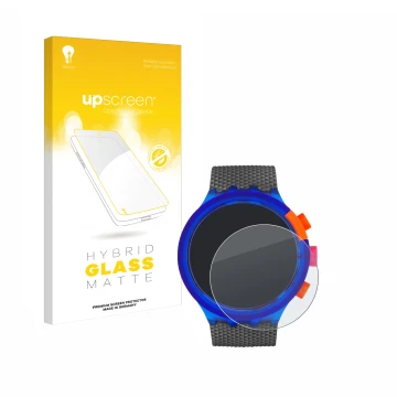 Parte frontale di una confezione del prodotto con il logo del marchio upscreen. Accanto è raffigurato il dispositivo Swatch Ne