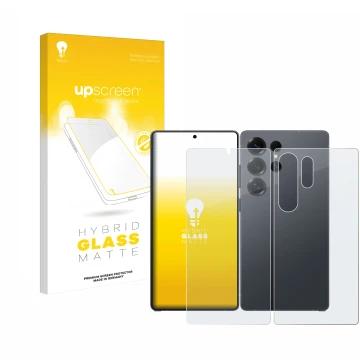 Parte frontale di una confezione del prodotto con il logo del marchio upscreen. Accanto è raffigurato il dispositivo Samsung G