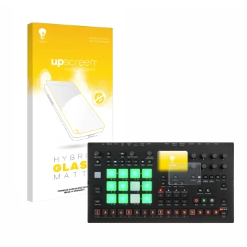 Parte frontale di una confezione del prodotto con il logo del marchio upscreen. Accanto è raffigurato il dispositivo Elektron 