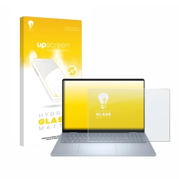 Parte frontale di una confezione del prodotto con il logo del marchio upscreen. Accanto è raffigurato il dispositivo Dell 16 P