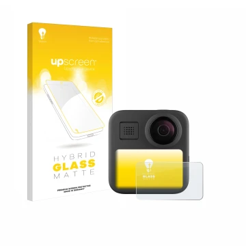 Parte frontale di una confezione del prodotto con il logo del marchio upscreen. Accanto è raffigurato il dispositivo GoPro Max