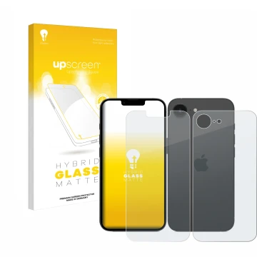 Parte frontale di una confezione del prodotto con il logo del marchio upscreen. Accanto è raffigurato il dispositivo Apple iPh