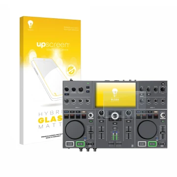Parte frontale di una confezione del prodotto con il logo del marchio upscreen. Accanto è raffigurato il dispositivo Denon DJ 