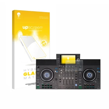 Parte frontale di una confezione del prodotto con il logo del marchio upscreen. Accanto è raffigurato il dispositivo Denon DJ 