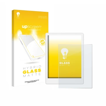 Parte frontale di una confezione del prodotto con il logo del marchio upscreen. Accanto è raffigurato il dispositivo Meebook M