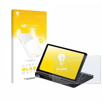 Parte frontale di una confezione del prodotto con il logo del marchio upscreen. Accanto è raffigurato il dispositivo GPD Pocke