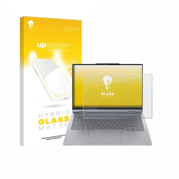 Parte frontale di una confezione del prodotto con il logo del marchio upscreen. Accanto è raffigurato il dispositivo Lenovo Th