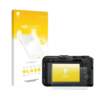 Parte frontale di una confezione del prodotto con il logo del marchio upscreen. Accanto è raffigurato il dispositivo Canon EOS