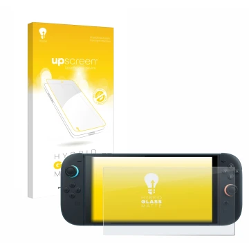 Parte frontale di una confezione del prodotto con il logo del marchio upscreen. Accanto è raffigurato il dispositivo Nintendo 