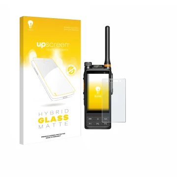 Parte frontale di una confezione del prodotto con il logo del marchio upscreen. Accanto è raffigurato il dispositivo Hytera PD