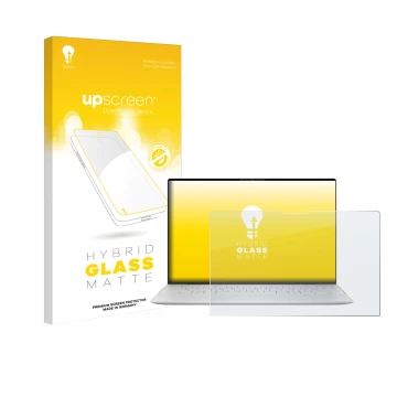 Parte frontale di una confezione del prodotto con il logo del marchio upscreen. Accanto è raffigurato il dispositivo Dell XPS 