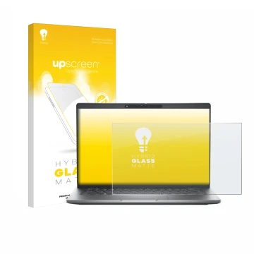 Parte frontale di una confezione del prodotto con il logo del marchio upscreen. Accanto è raffigurato il dispositivo Dell Lati