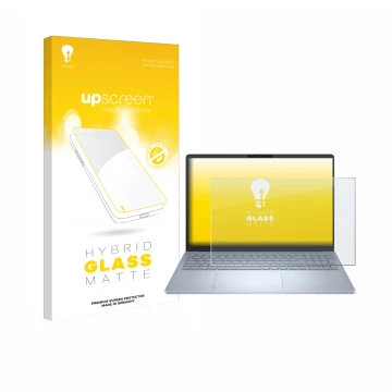 Parte frontale di una confezione del prodotto con il logo del marchio upscreen. Accanto è raffigurato il dispositivo Dell 16 P