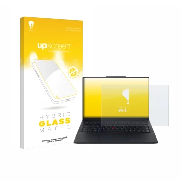 Parte frontale di una confezione del prodotto con il logo del marchio upscreen. Accanto è raffigurato il dispositivo Lenovo Th