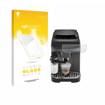 Parte frontale di una confezione del prodotto con il logo del marchio upscreen. Accanto è raffigurato il dispositivo DeLonghi 