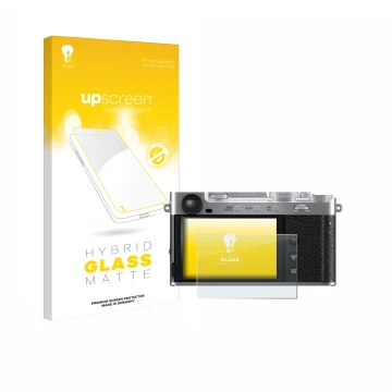 Parte frontale di una confezione del prodotto con il logo del marchio upscreen. Accanto è raffigurato il dispositivo Fujifilm 