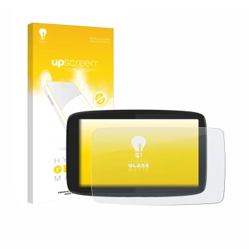 Parte frontale di una confezione del prodotto con il logo del marchio upscreen. Accanto è raffigurato il dispositivo TomTom GO