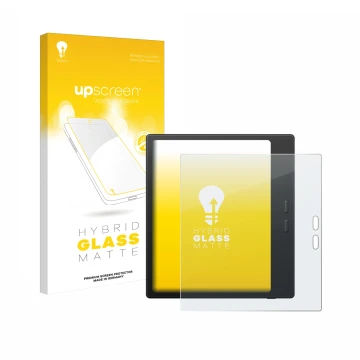 Parte frontale di una confezione del prodotto con il logo del marchio upscreen. Accanto è raffigurato il dispositivo Boox Go C