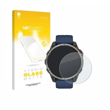 Parte frontale di una confezione del prodotto con il logo del marchio upscreen. Accanto è raffigurato il dispositivo Garmin qu