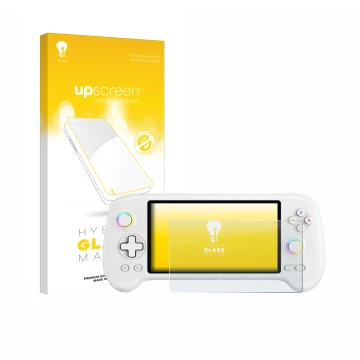 Parte frontale di una confezione del prodotto con il logo del marchio upscreen. Accanto è raffigurato il dispositivo Anbernic 