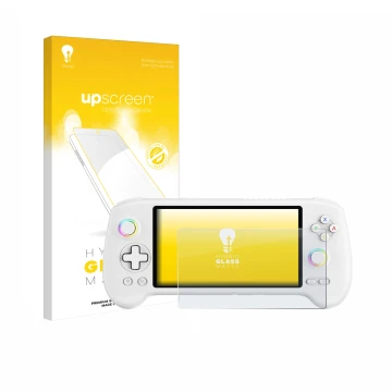 Parte frontale di una confezione del prodotto con il logo del marchio upscreen. Accanto è raffigurato il dispositivo Anbernic 