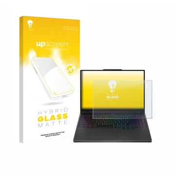 Parte frontale di una confezione del prodotto con il logo del marchio upscreen. Accanto è raffigurato il dispositivo Lenovo Le