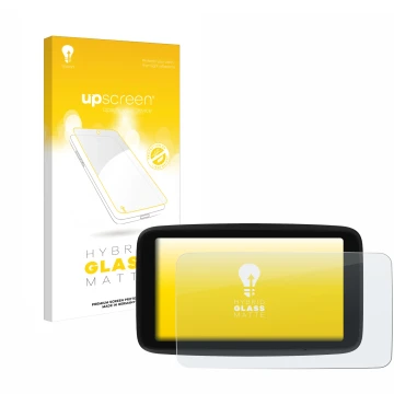 Parte frontale di una confezione del prodotto con il logo del marchio upscreen. Accanto è raffigurato il dispositivo TomTom GO
