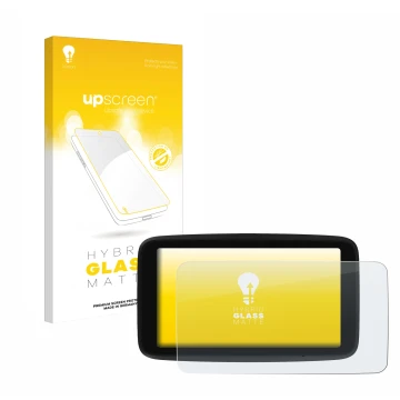 Parte frontale di una confezione del prodotto con il logo del marchio upscreen. Accanto è raffigurato il dispositivo TomTom GO