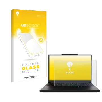 Parte frontale di una confezione del prodotto con il logo del marchio upscreen. Accanto è raffigurato il dispositivo XMG Pro 1