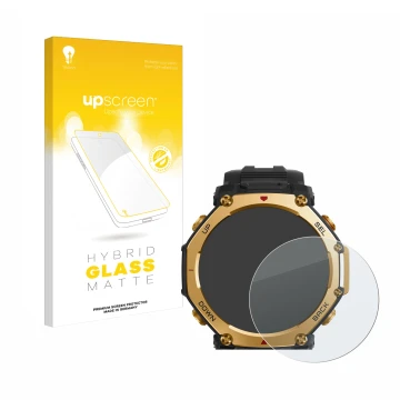 Parte frontale di una confezione del prodotto con il logo del marchio upscreen. Accanto è raffigurato il dispositivo Huami Ama